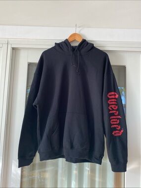 NWOT Gildan Black Hoodie with Red Overlord sleeve script